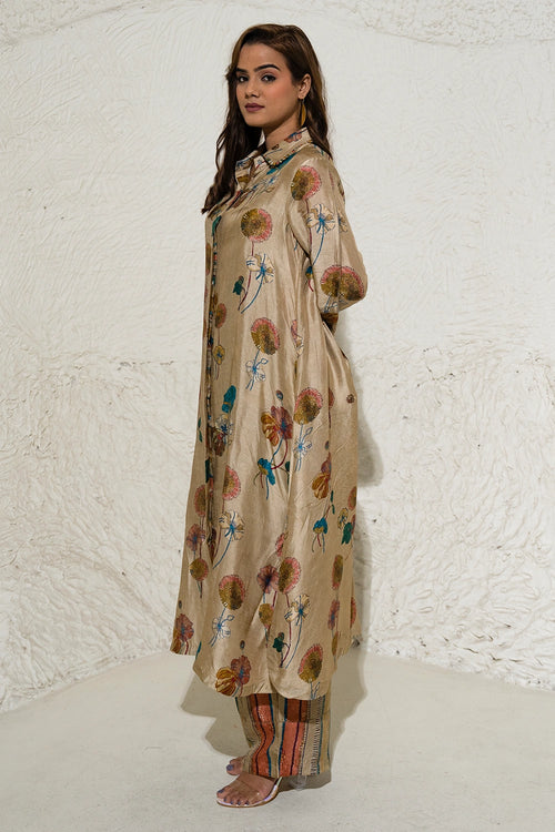 Beige Floral Art Jacket Co-ord Set