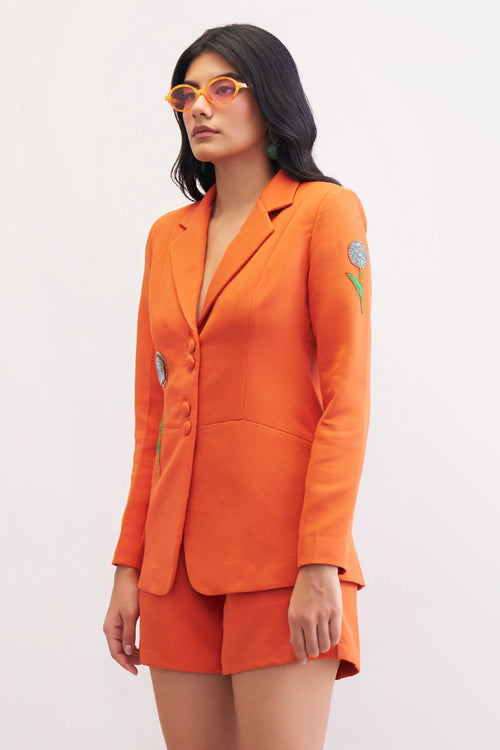 Sunset Orange Sassy Blazer And Shorts Set