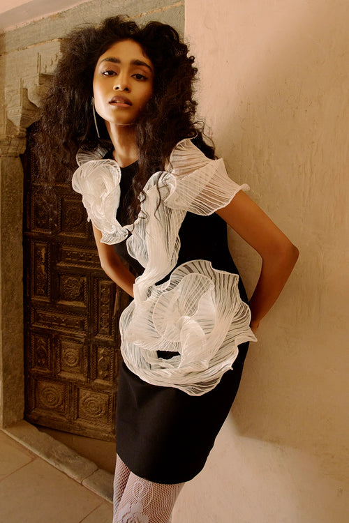 Black White Duo Rosette Over The Shirt Dress