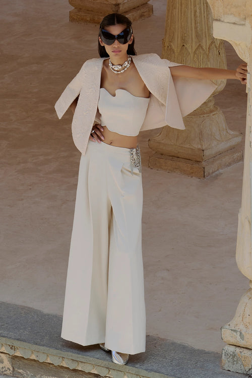 Ivory Fluid Corset Paired With OG Pants And Loom Light Cape