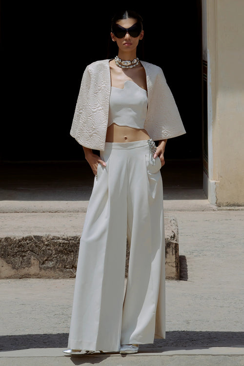 Ivory Fluid Corset Paired With OG Pants And Loom Light Cape
