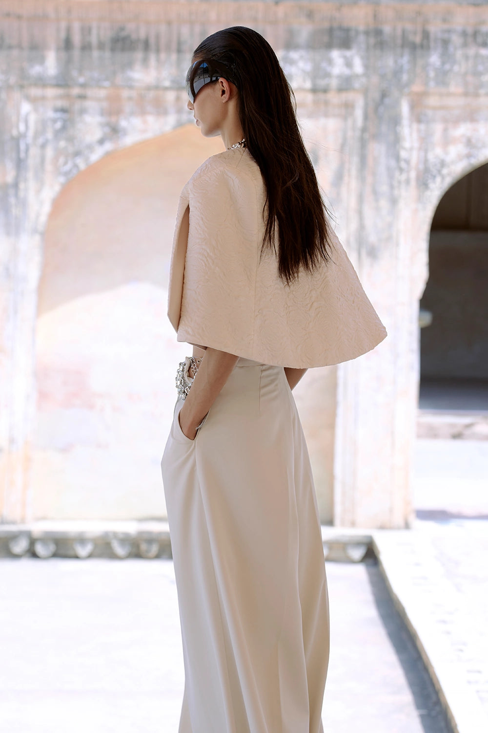 Ivory Fluid Corset Paired With OG Pants And Loom Light Cape