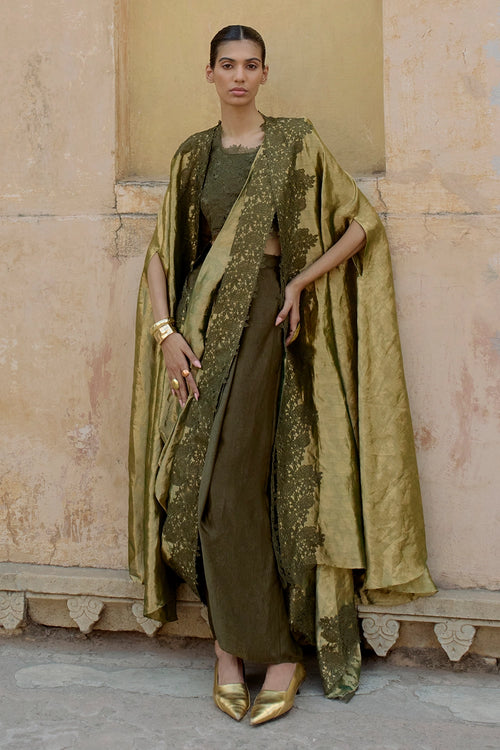 Green Tissue Jacket Sari Set