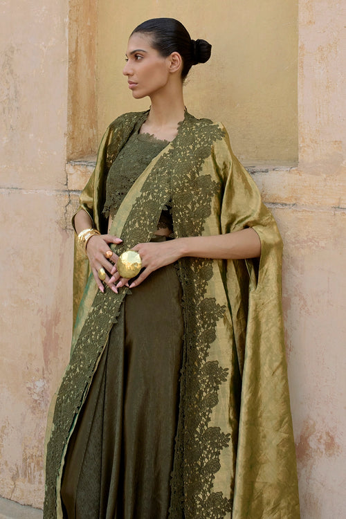 Green Tissue Jacket Sari Set