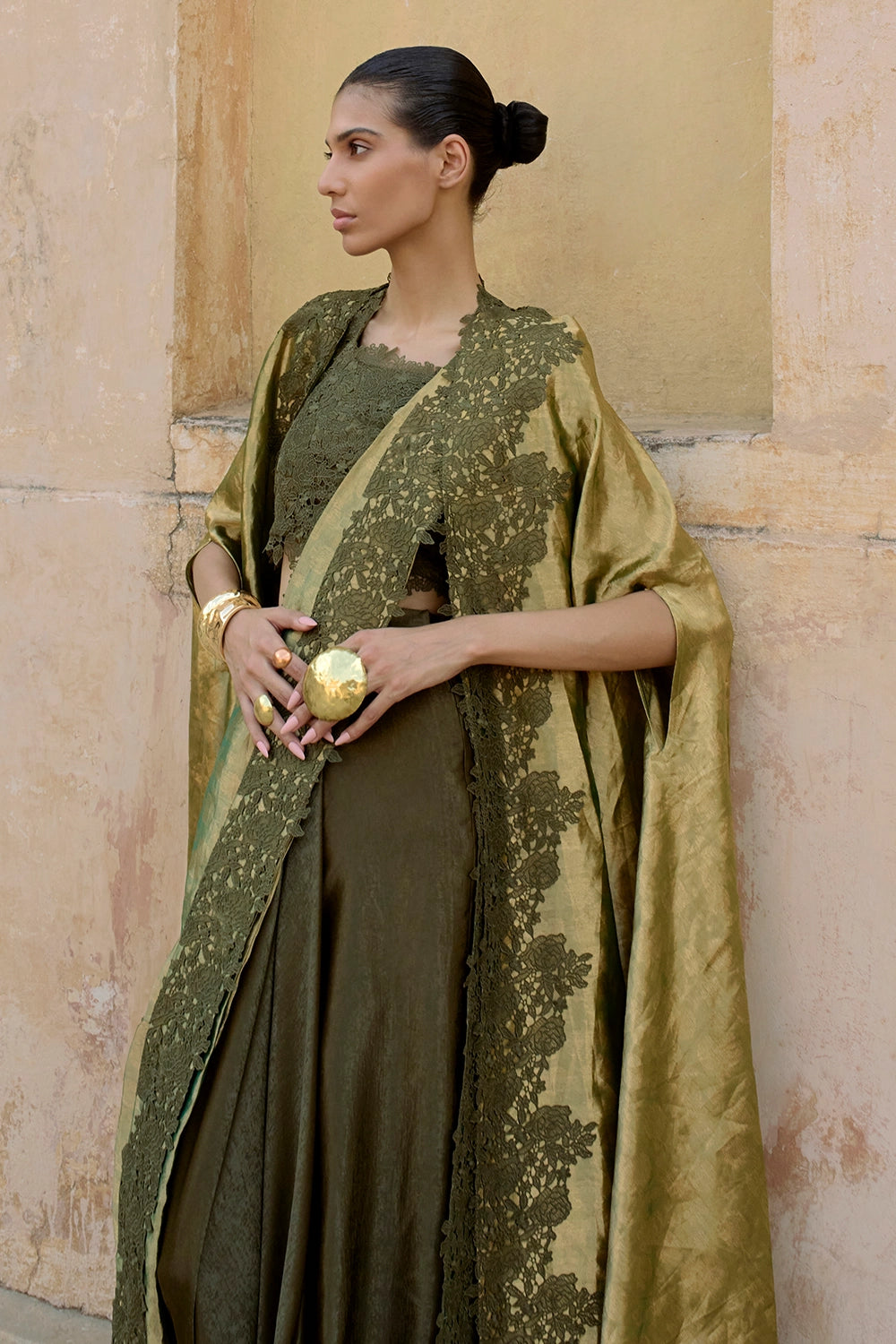 Green Tissue Jacket Sari Set
