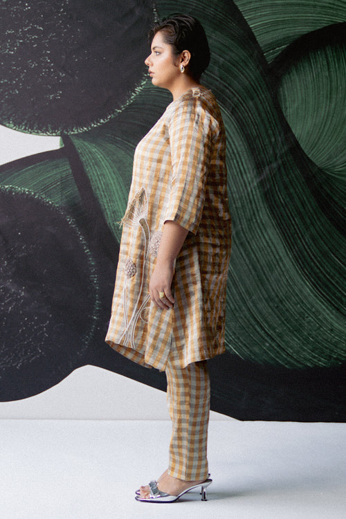 Gold Check A Line Kurta Set