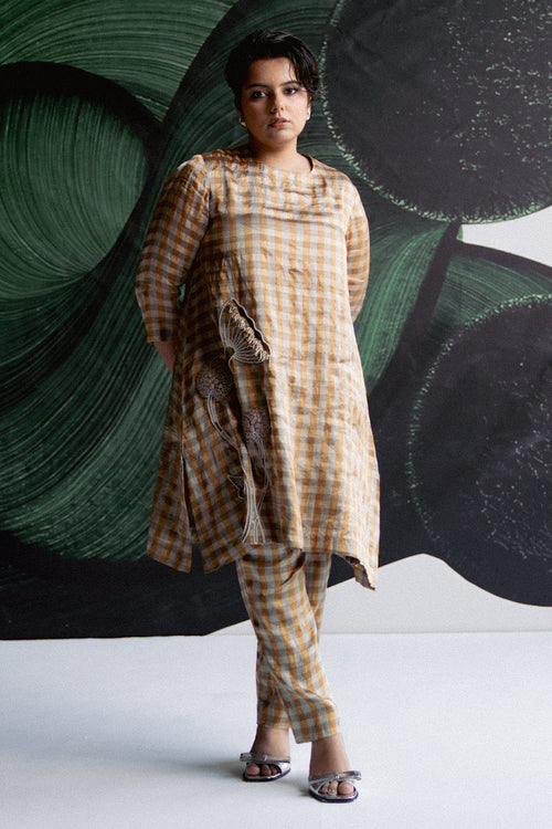 Gold Check A Line Kurta Set