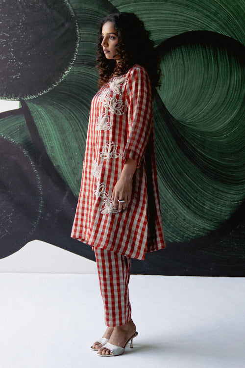 Red Check A Line Kurta Set