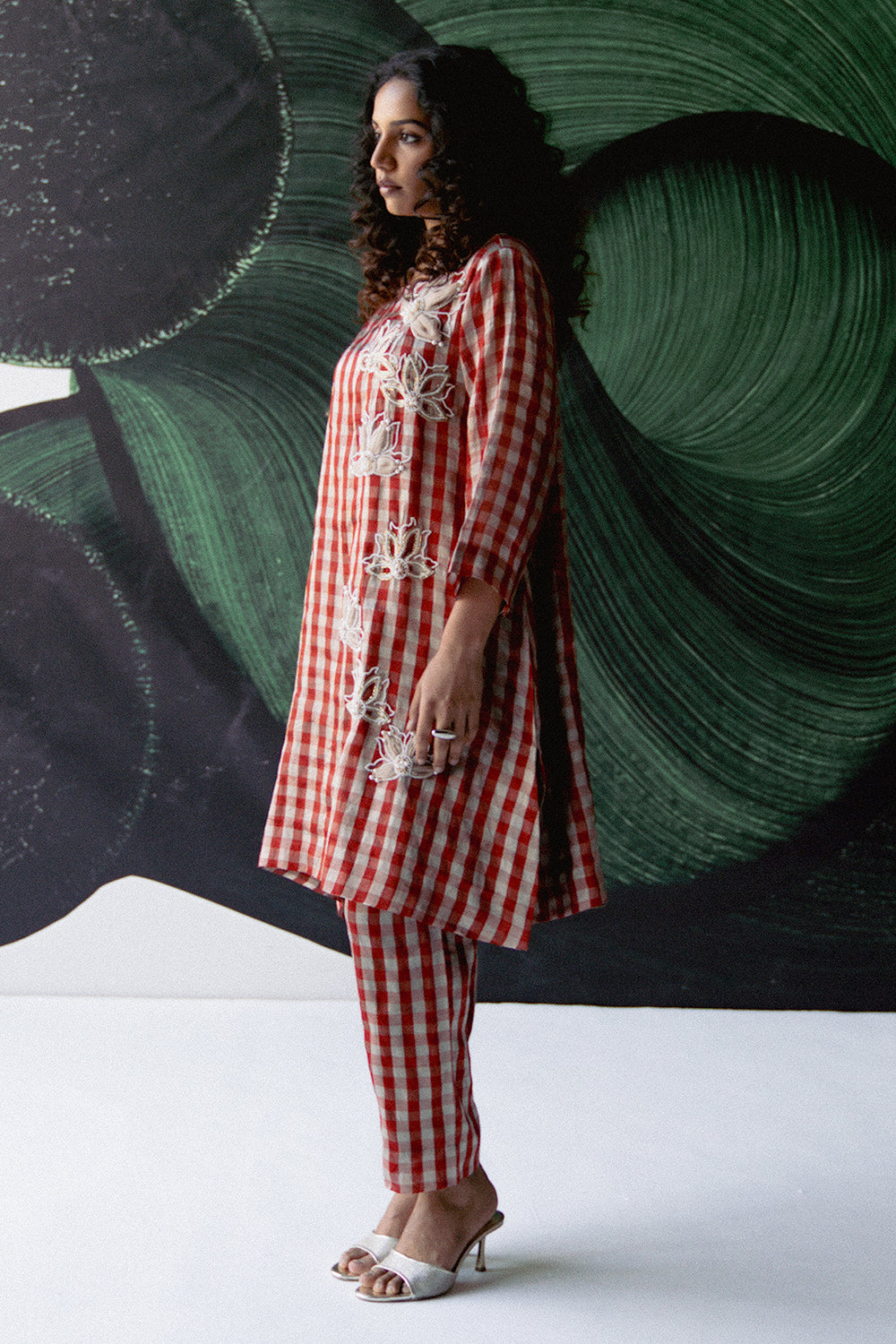 Red Check A Line Kurta Set