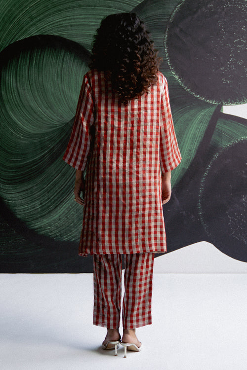 Red Check A Line Kurta Set