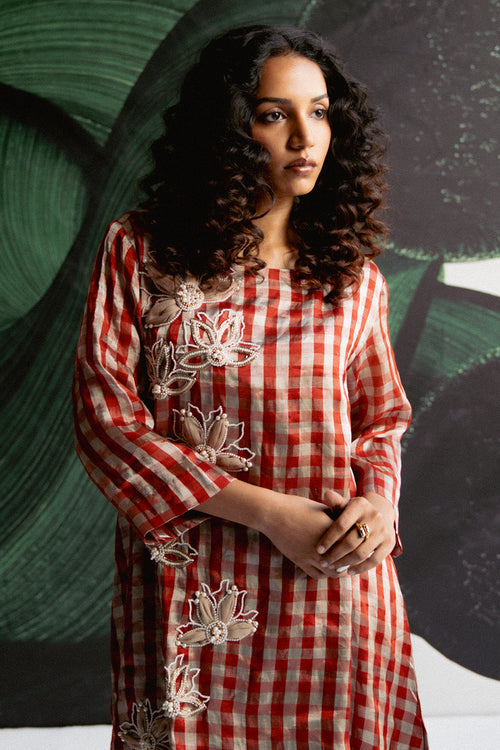 Red Check A Line Kurta Set