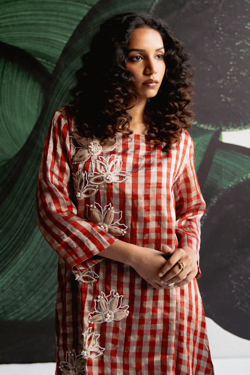 Red Check A Line Kurta Set