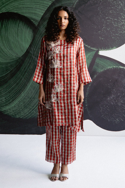 Red Check A Line Kurta Set