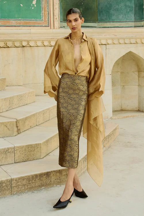 Golden Blur Shirt With Brocade Bullet Skirt