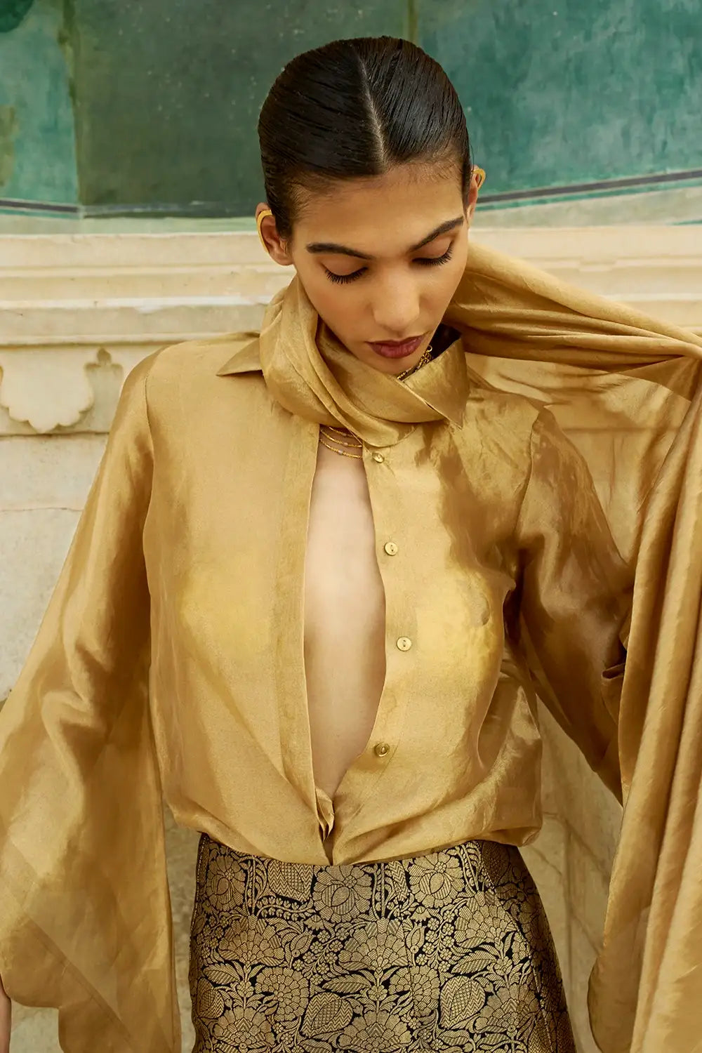 Golden Blur Shirt With Brocade Bullet Skirt