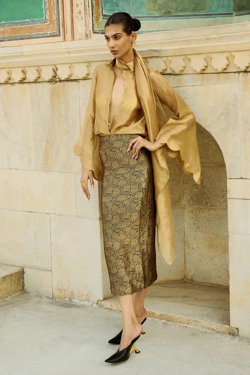 Golden Blur Shirt With Brocade Bullet Skirt