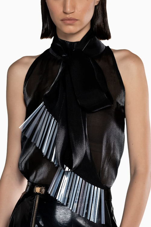 Black Fluid Organza Fringe Top