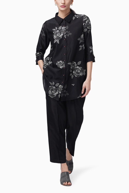 Monochrome Rose Print Shirt and Pant Set