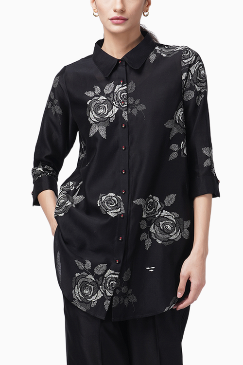 Monochrome Rose Print Shirt and Pant Set