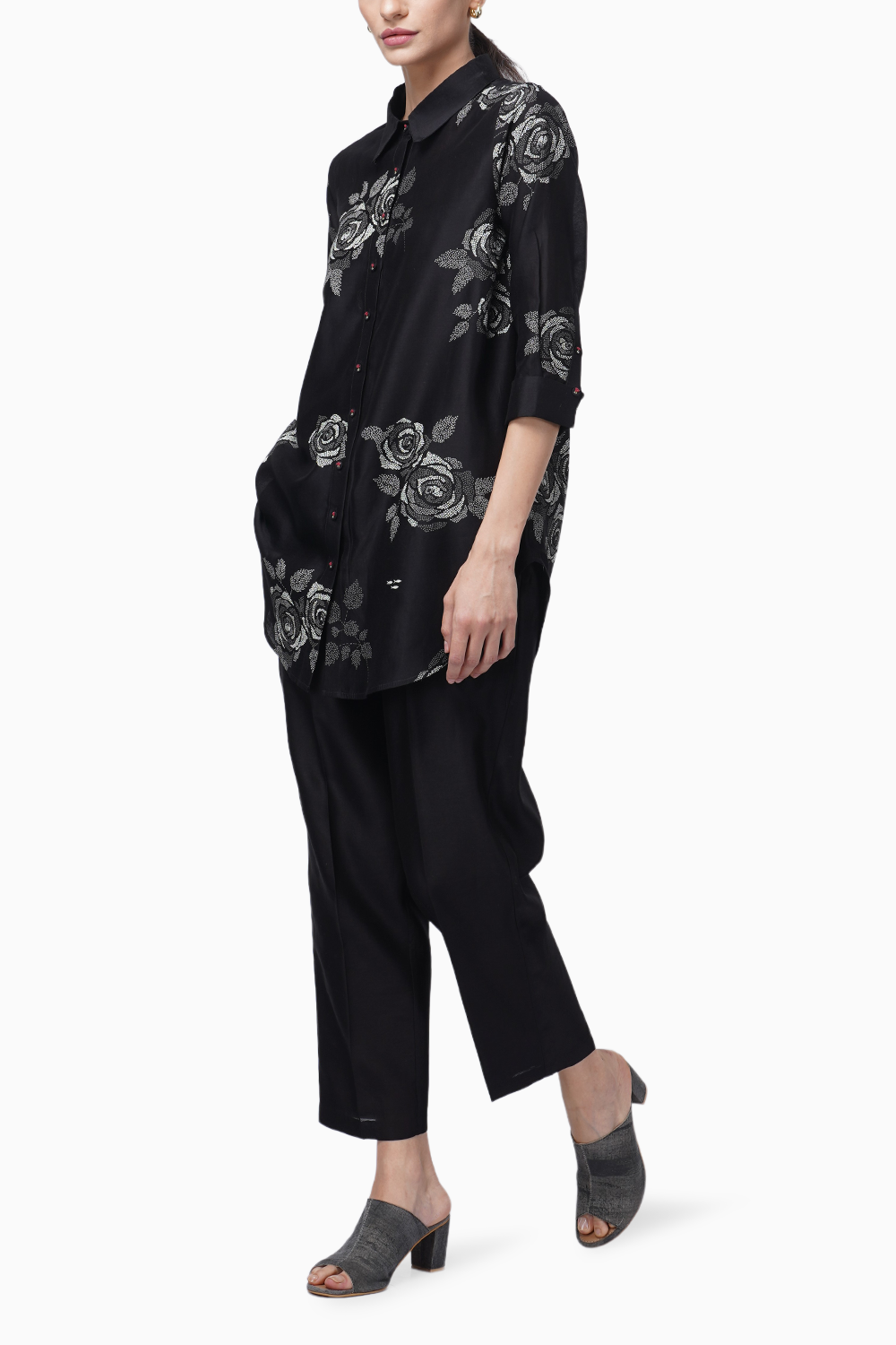 Monochrome Rose Print Shirt and Pant Set