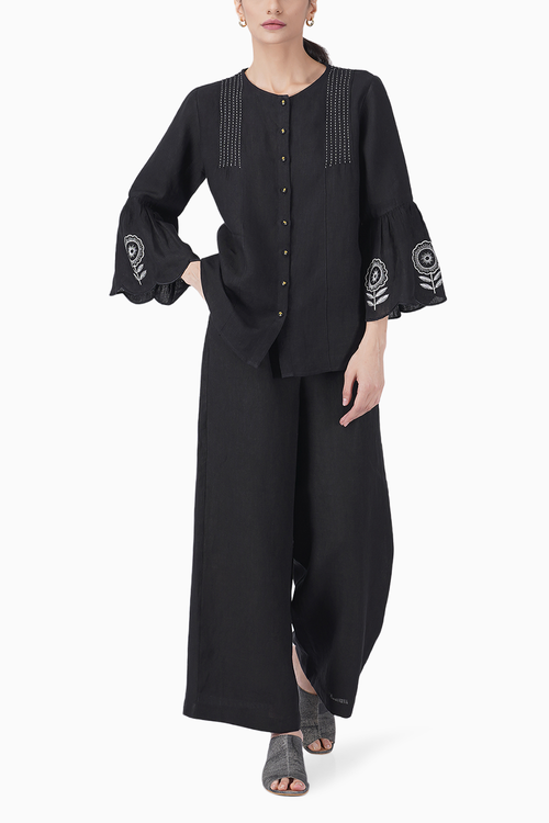 Sunflower Embroidered Pin Tuck Top and Pant