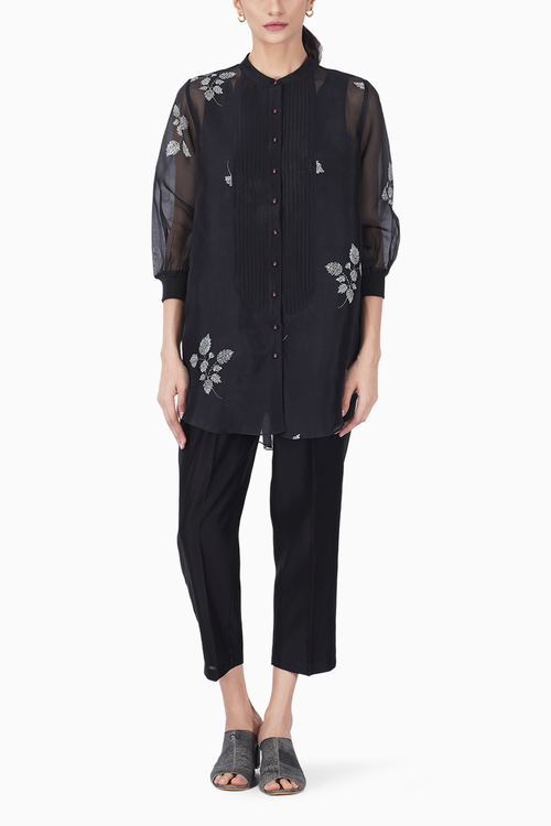 Black Leaf Print Shirt with Top and Pants