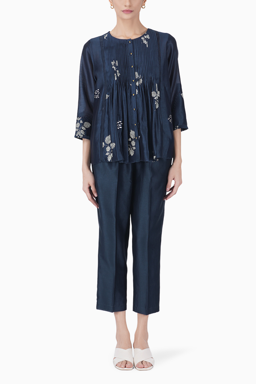 Ivory Leaf Printed Pleated Top and Pant