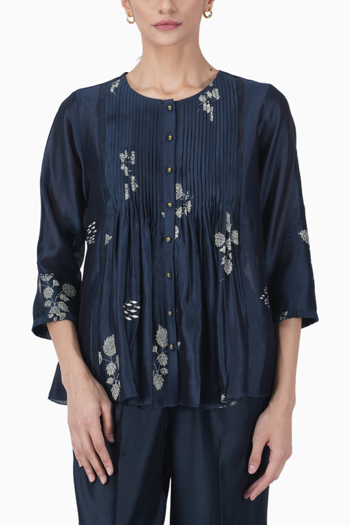 Ivory Leaf Printed Pleated Top and Pant