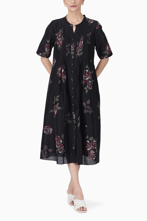 Multi Rose Print Pleated Black Dress