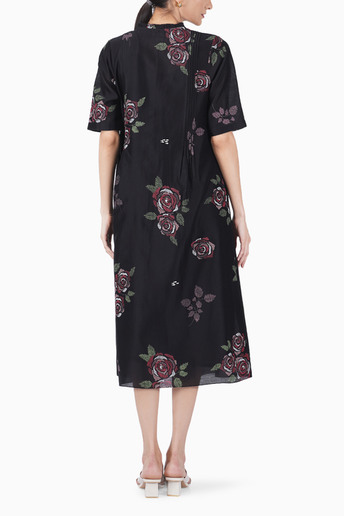 Multi Rose Print Pleated Black Dress
