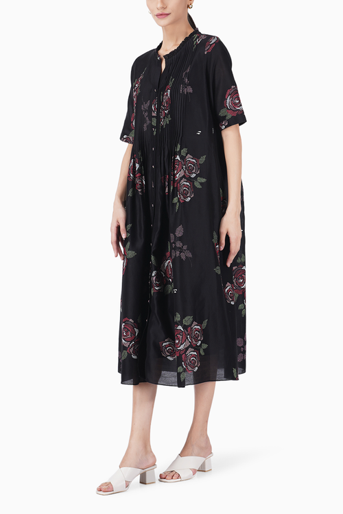 Multi Rose Print Pleated Black Dress