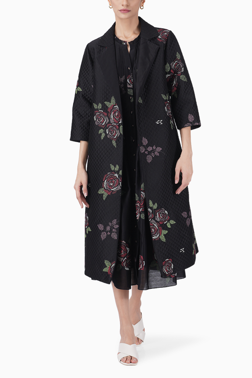Multicolor Rose Printed Pleated Dress with Quilted Jacket