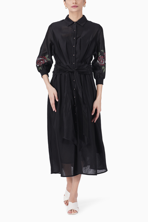 Multicolor Rose Printed Sleeve Tie-up Dress