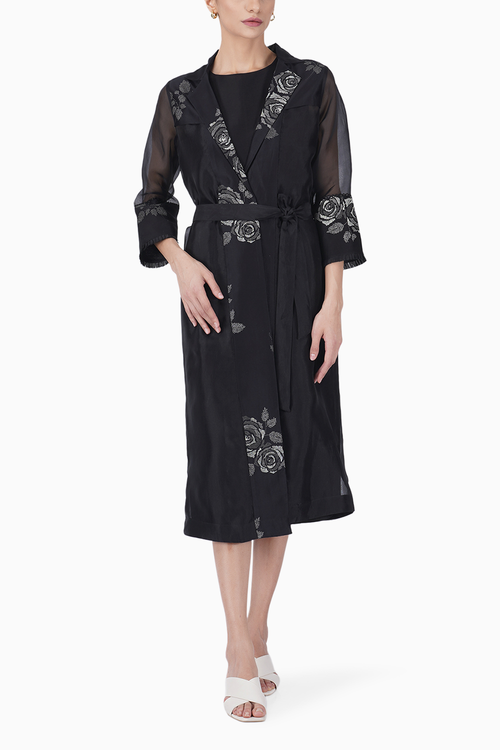 Monochrome Rose Print Jacket with Jumpsuit