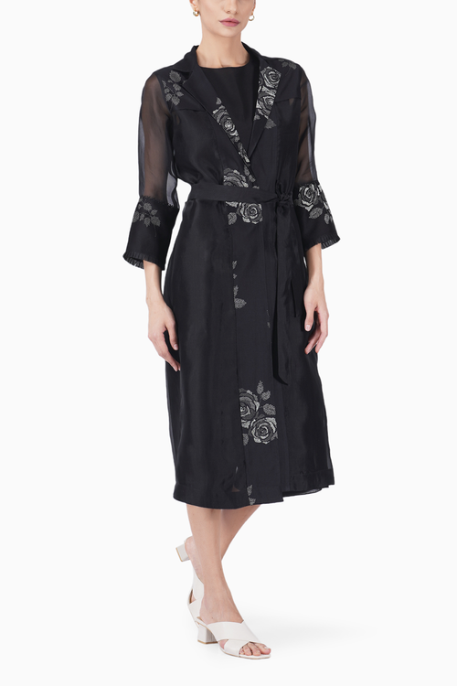 Monochrome Rose Print Jacket with Jumpsuit