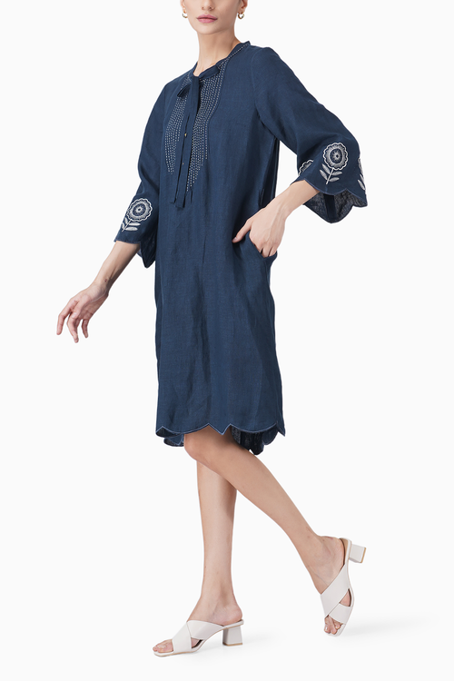 Sunflower Embroidered Pin Tuck A-line Dress