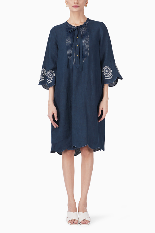 Sunflower Embroidered Pin Tuck A-line Dress