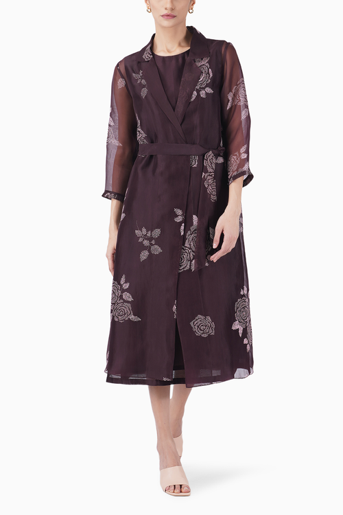 Grape Rose Print Organza Jacket and Dress