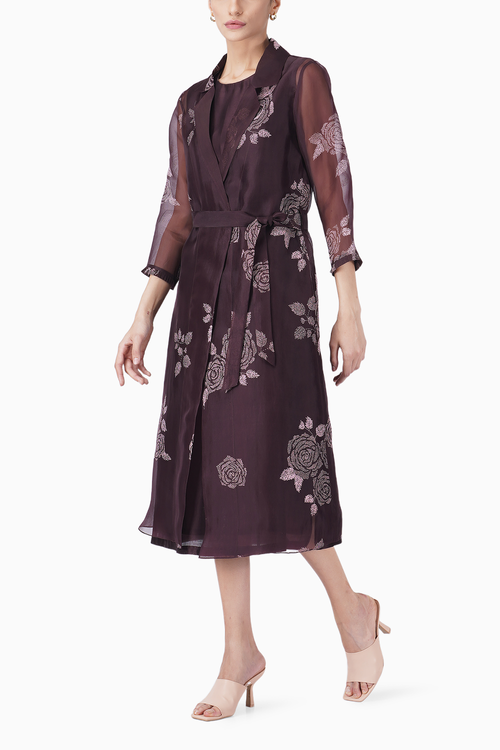 Grape Rose Print Organza Jacket and Dress