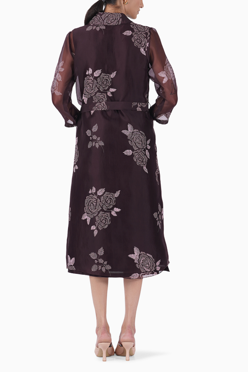 Grape Rose Print Organza Jacket and Dress
