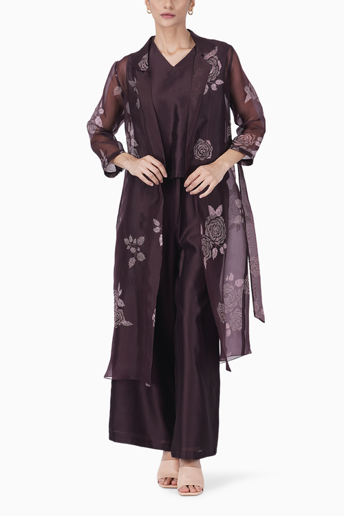 Grape Top with Flare Pant and Rose Print Jacket