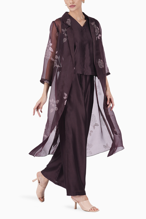Grape Top with Flare Pant and Rose Print Jacket