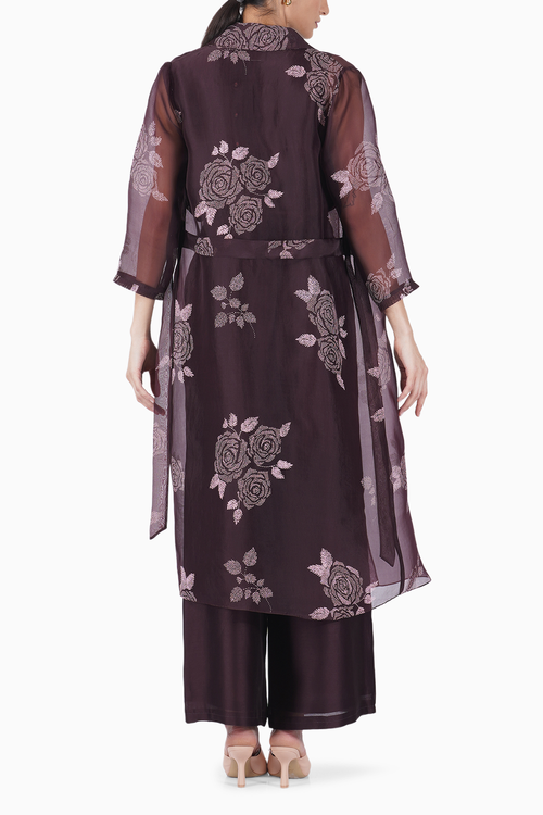 Grape Top with Flare Pant and Rose Print Jacket