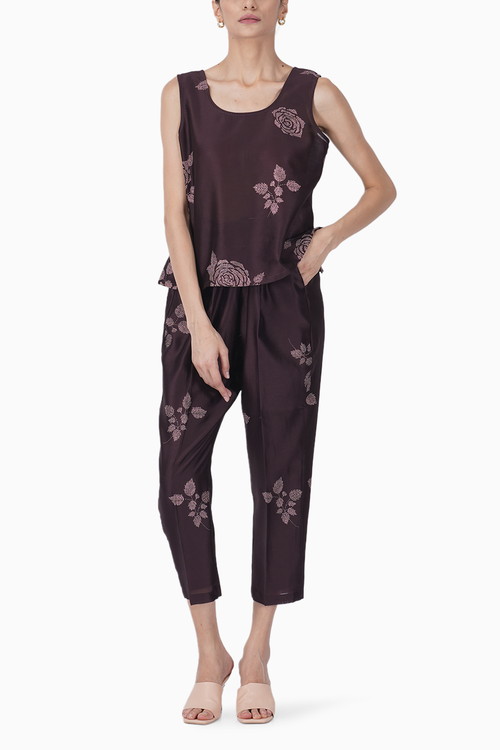 Rose Print Top and Pant with Tie-up Jacket