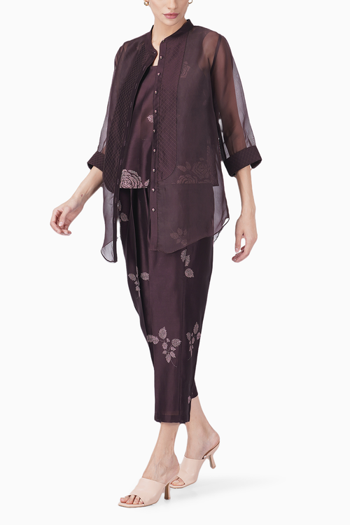 Grape Rose Printed Top and Pant with Organza Shirt