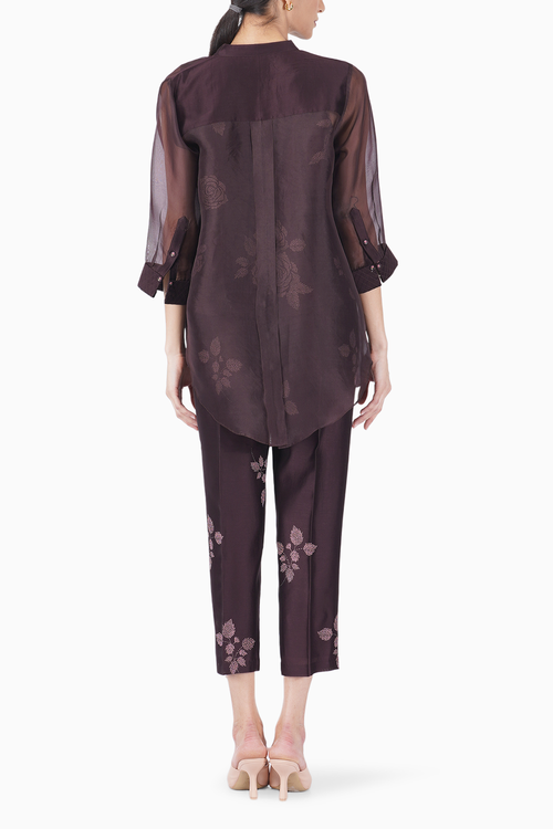 Grape Rose Printed Top and Pant with Organza Shirt