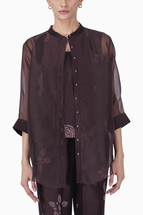 Grape Rose Printed Top and Pant with Organza Shirt