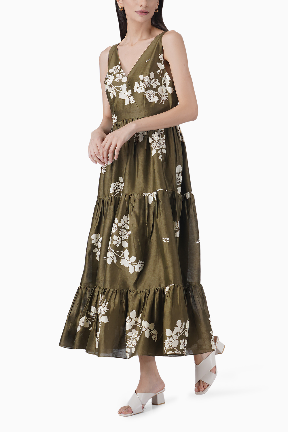 Ivy Petal Printed Tier Olive Dress