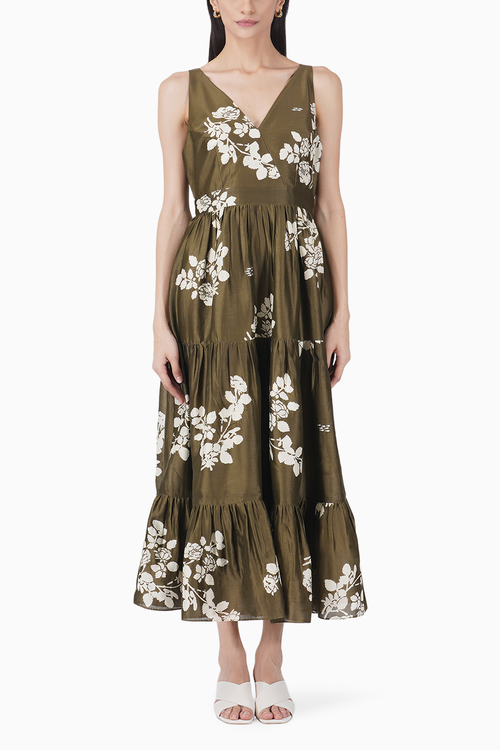 Ivy Petal Printed Olive Dress with Organza Jacket