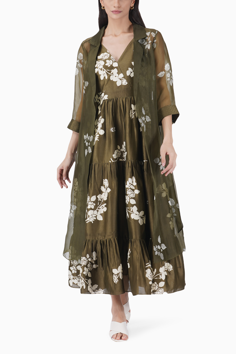 Ivy Petal Printed Olive Dress with Organza Jacket